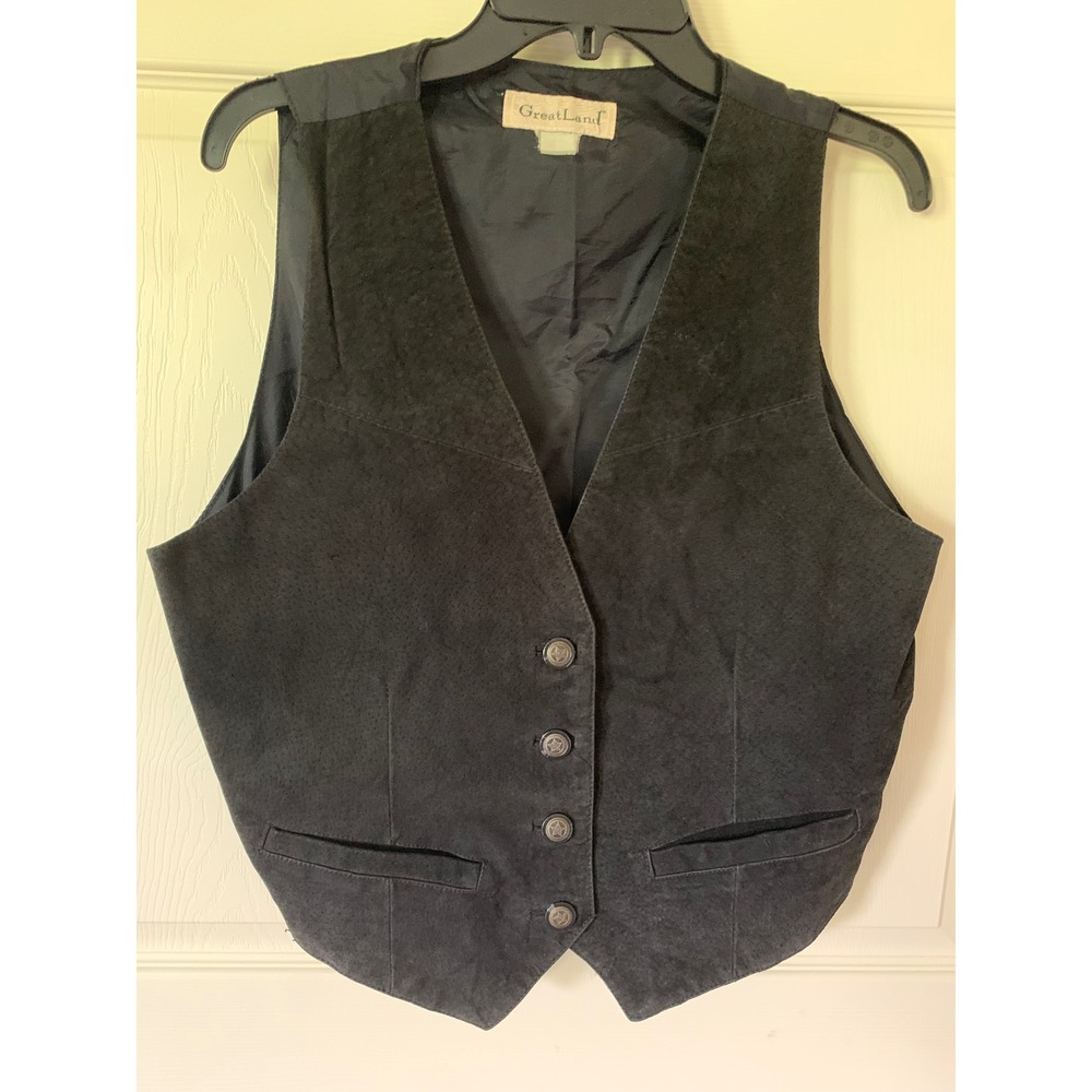 GreatLand Mens Large L Vest Western Star Buttons Black Suede Pockets Cinch Back